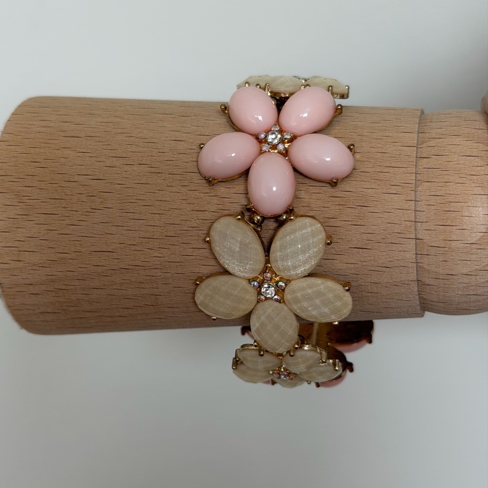 Romantic Floral Stretch Bracelet in Pink,Sand & Cream with Sparkling Rhinestones